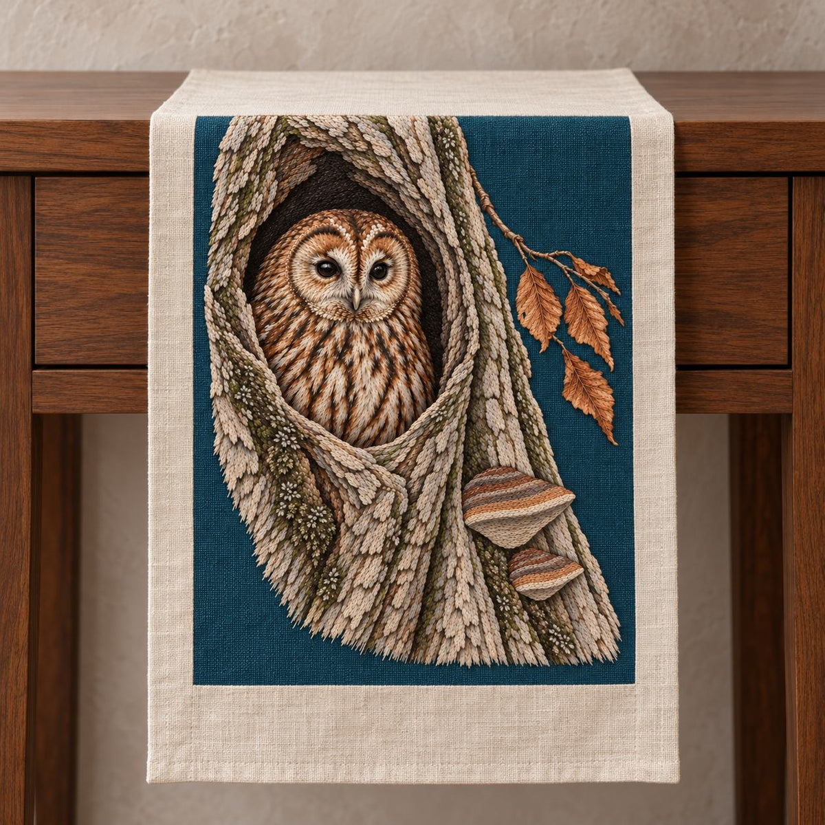 Tawny Owl Inside the Beech Hollow visual mockup shown on a textile runner over a console, with the design on deep teal linen.