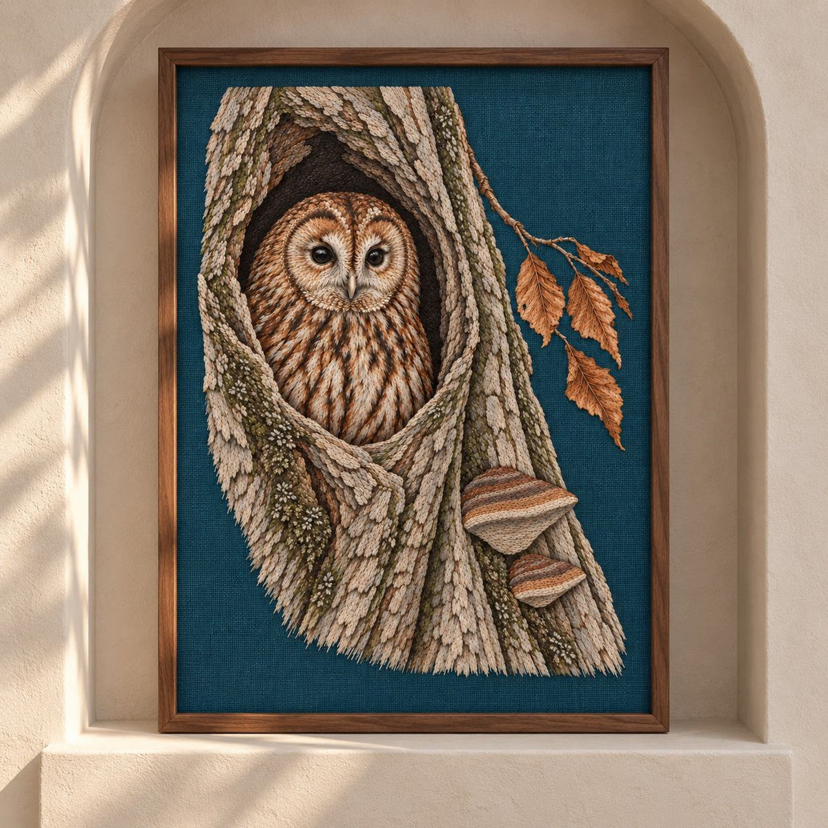 Tawny Owl Inside the Beech Hollow visual mockup shown as a framed textile in a gallery niche, with the design on deep teal linen.