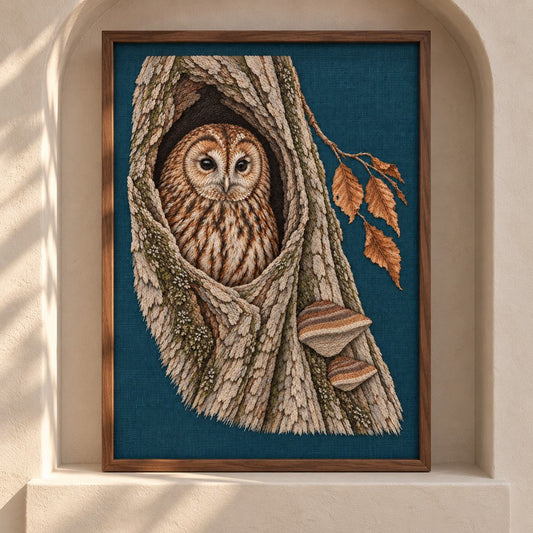 Tawny Owl Inside the Beech Hollow visual mockup shown as a framed textile in a gallery niche, with the design on deep teal linen.