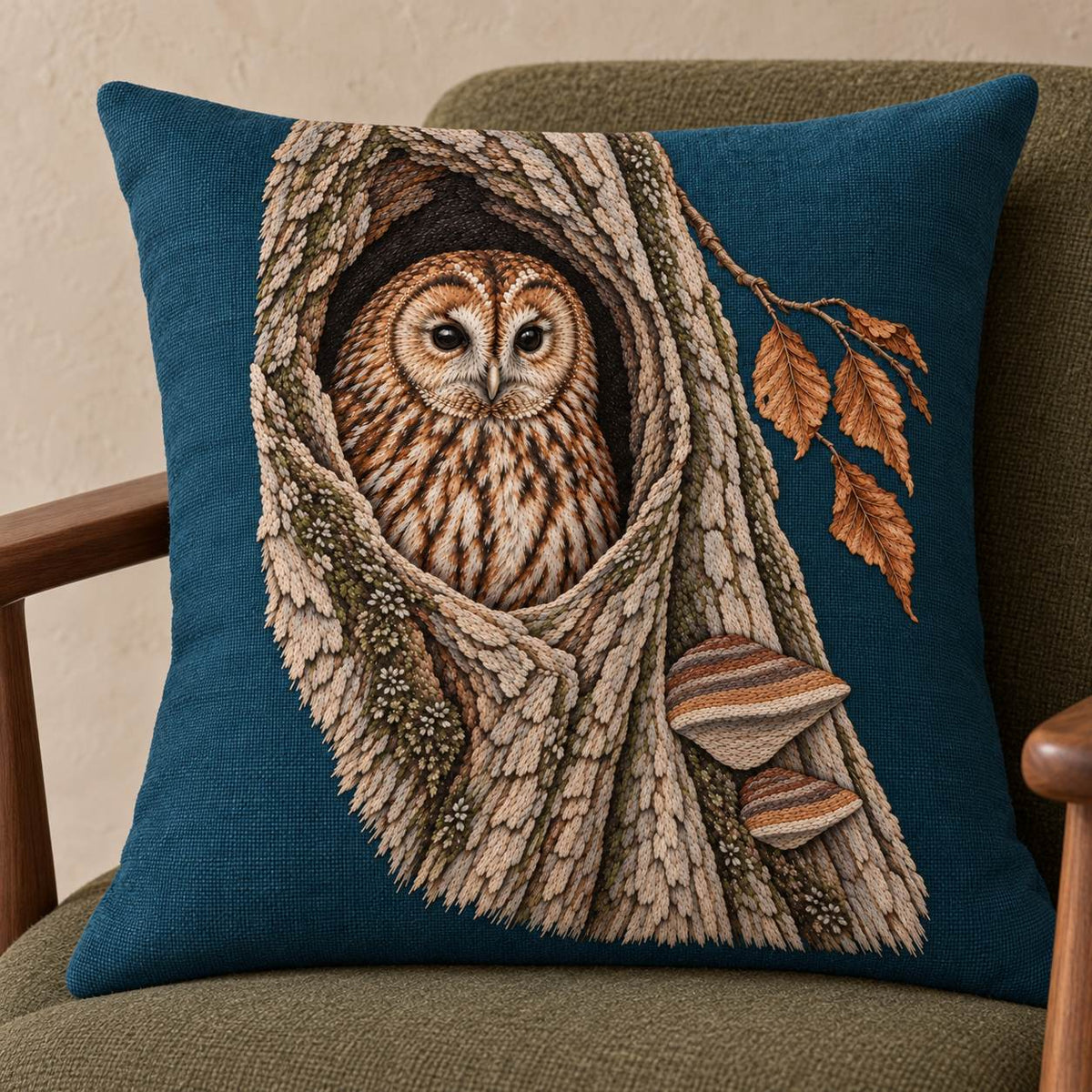 Tawny Owl Inside the Beech Hollow visual mockup shown on a cushion in a lounge chair, with the design on deep teal linen.