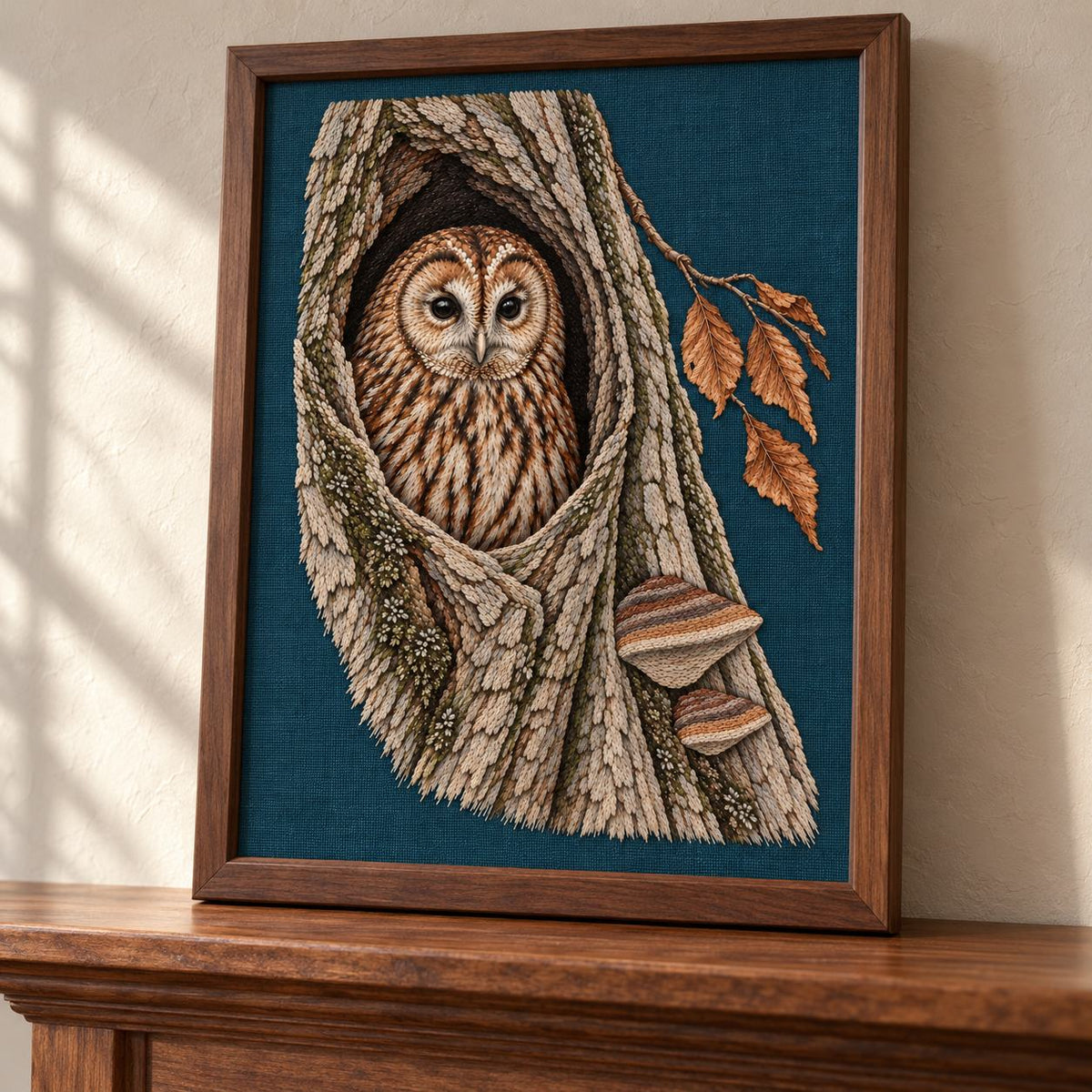 Tawny Owl Inside the Beech Hollow visual mockup shown in a frame leaning on a mantel, with the design on deep teal linen.