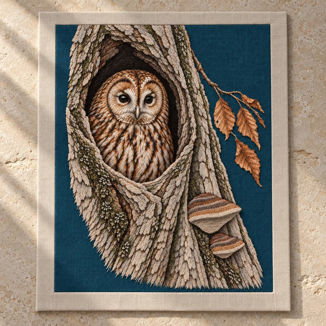 Tawny Owl Inside the Beech Hollow visual mockup shown as a textile panel on a stone platform, with the design on deep teal linen.
