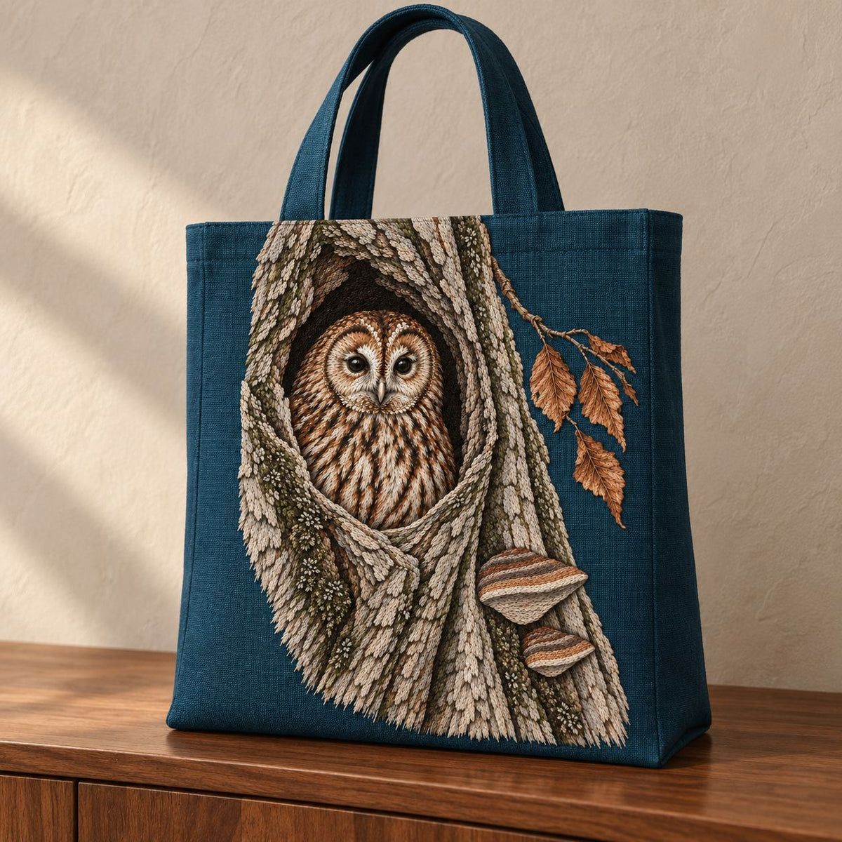 Tawny Owl Inside the Beech Hollow visual mockup shown on the front of a structured linen tote, with the design on deep teal linen.