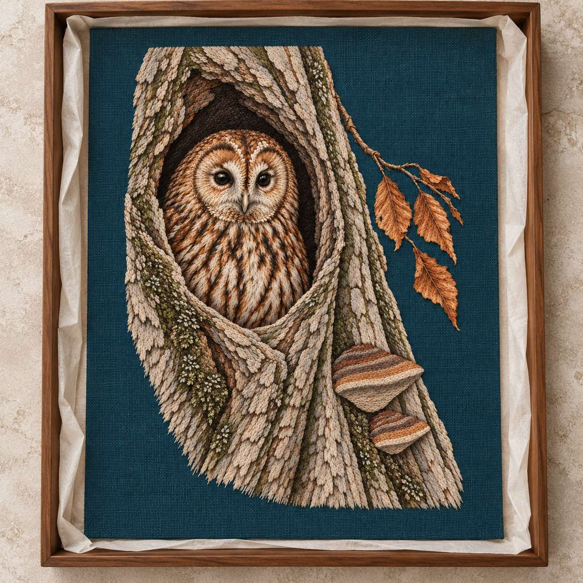 Tawny Owl Inside the Beech Hollow visual mockup shown as a textile panel in a collection tray, with the design on deep teal linen.