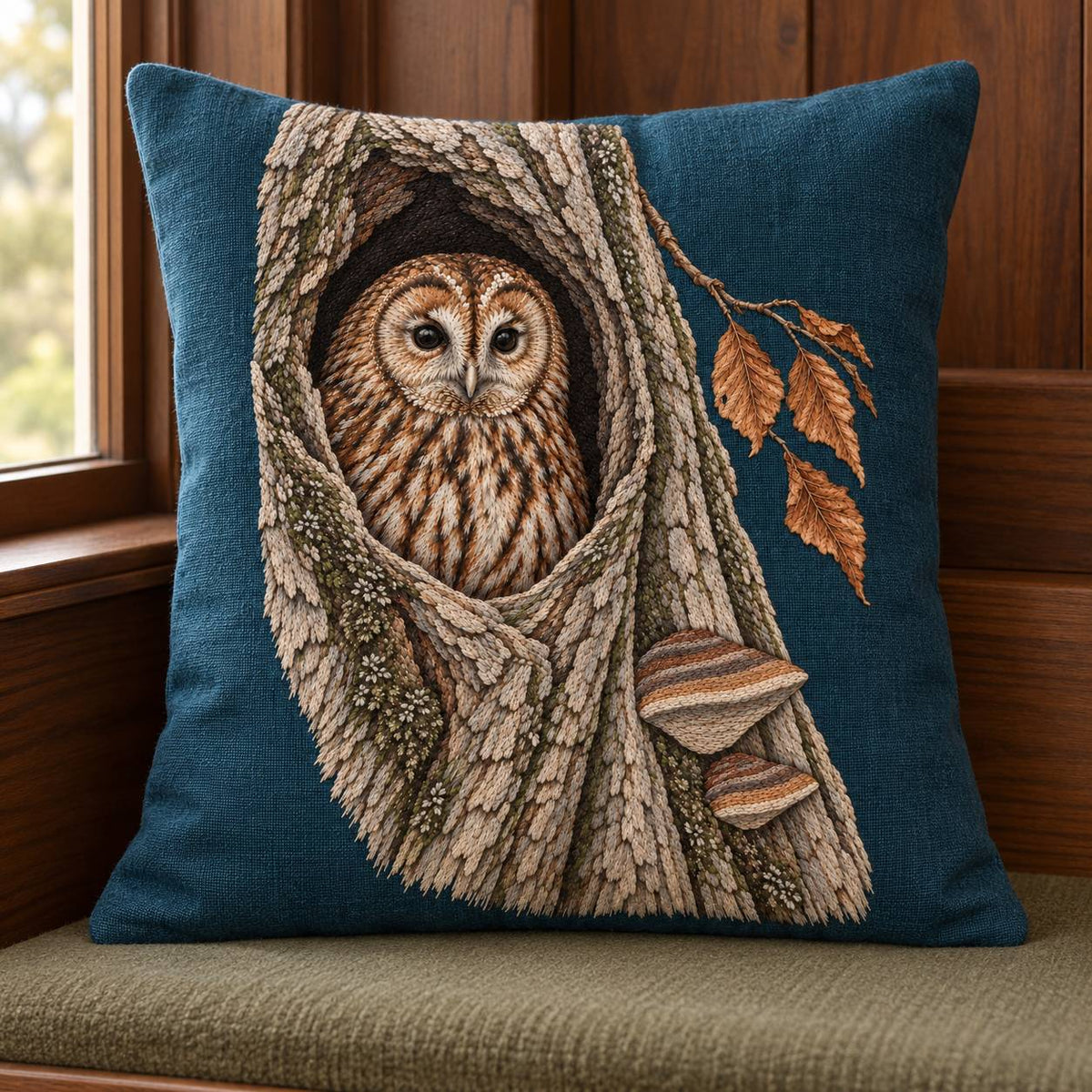 Tawny Owl Inside the Beech Hollow visual mockup shown on a cushion beside a window, with the design on deep teal linen.