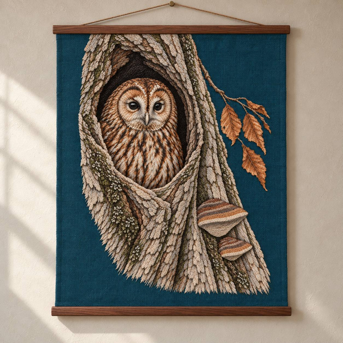 Tawny Owl Inside the Beech Hollow visual mockup shown as a hanging textile held by wooden rails, with the design on deep teal linen.