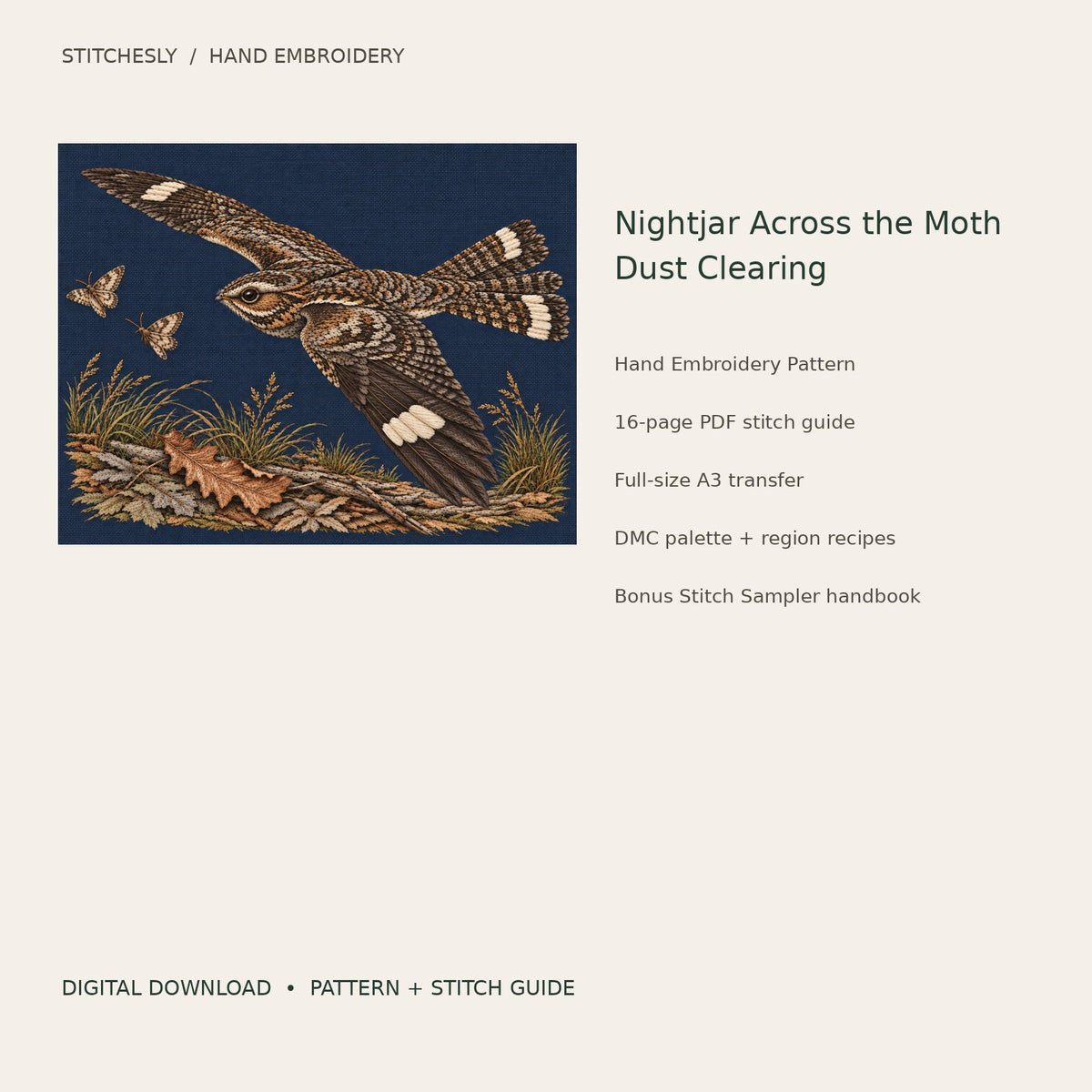 Nightjar Across the Moth Dust Clearing: digital hand embroidery pattern cover with artwork and included files