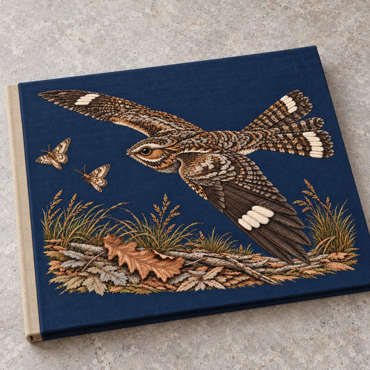 Nightjar Across the Moth Dust Clearing visual mockup shown on a cloth portfolio cover, with the design on deep midnight-blue linen.