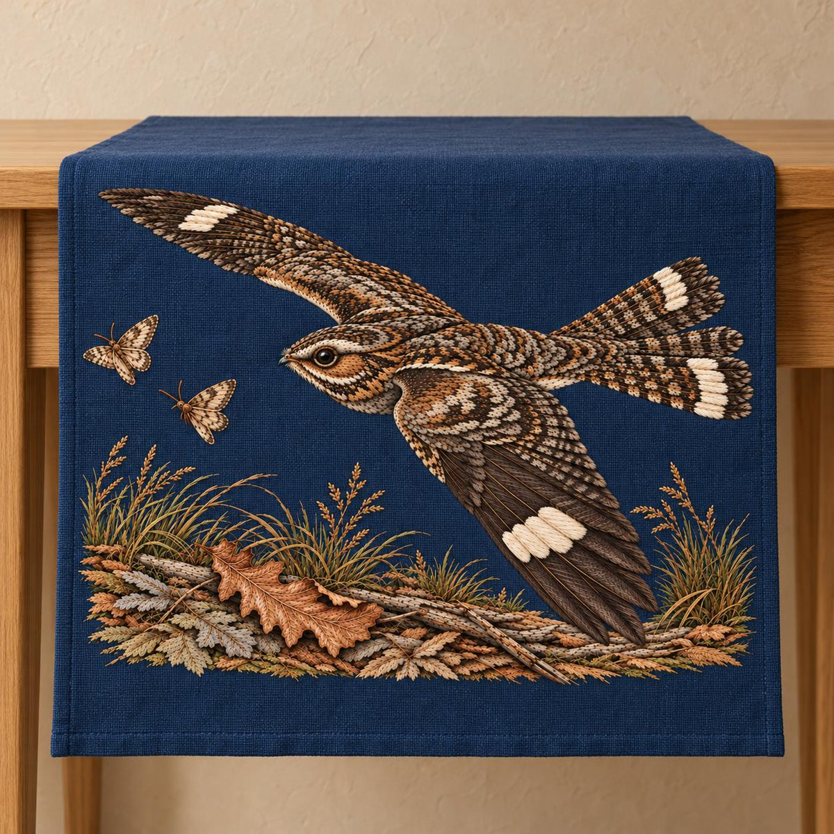 Nightjar Across the Moth Dust Clearing visual mockup shown on a textile runner over a console, with the design on deep midnight-blue linen.