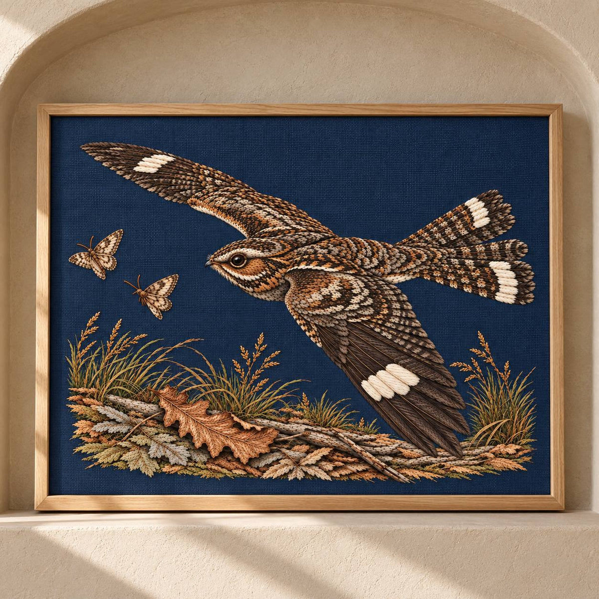 Nightjar Across the Moth Dust Clearing visual mockup shown as a framed textile in a gallery niche, with the design on deep midnight-blue linen.