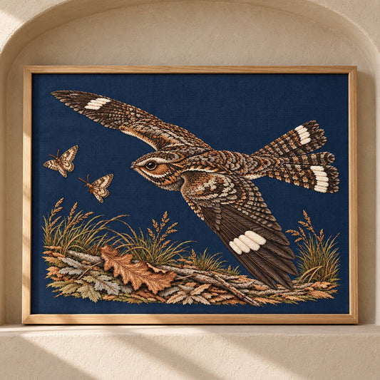 Nightjar Across the Moth Dust Clearing visual mockup shown as a framed textile in a gallery niche, with the design on deep midnight-blue linen.