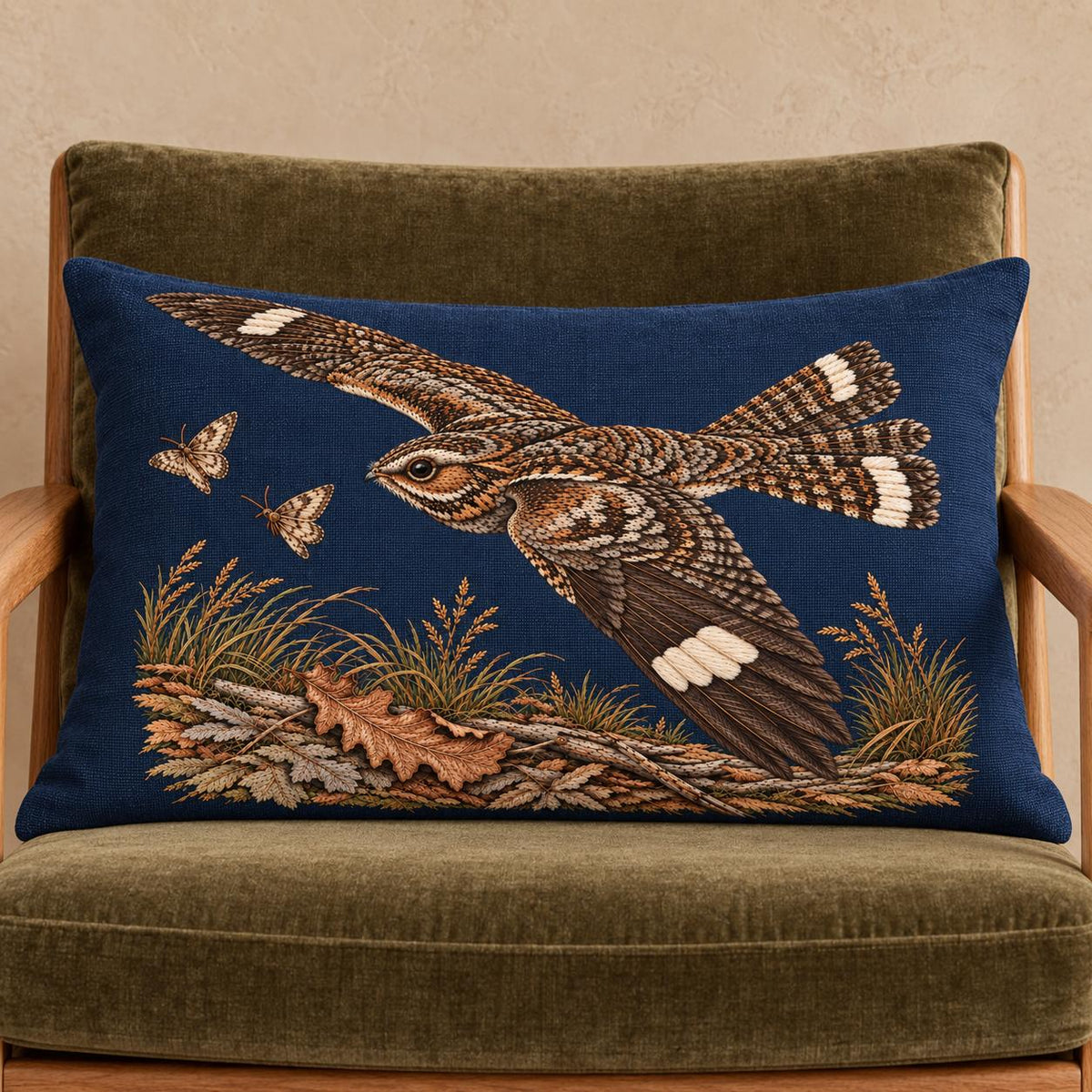 Nightjar Across the Moth Dust Clearing visual mockup shown on a cushion in a lounge chair, with the design on deep midnight-blue linen.