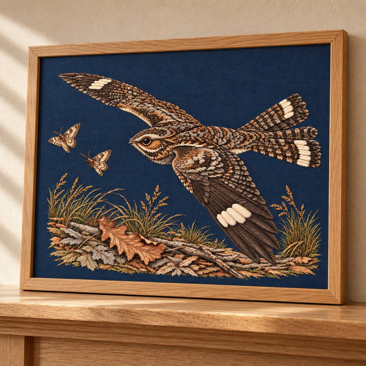 Nightjar Across the Moth Dust Clearing visual mockup shown in a frame leaning on a mantel, with the design on deep midnight-blue linen.