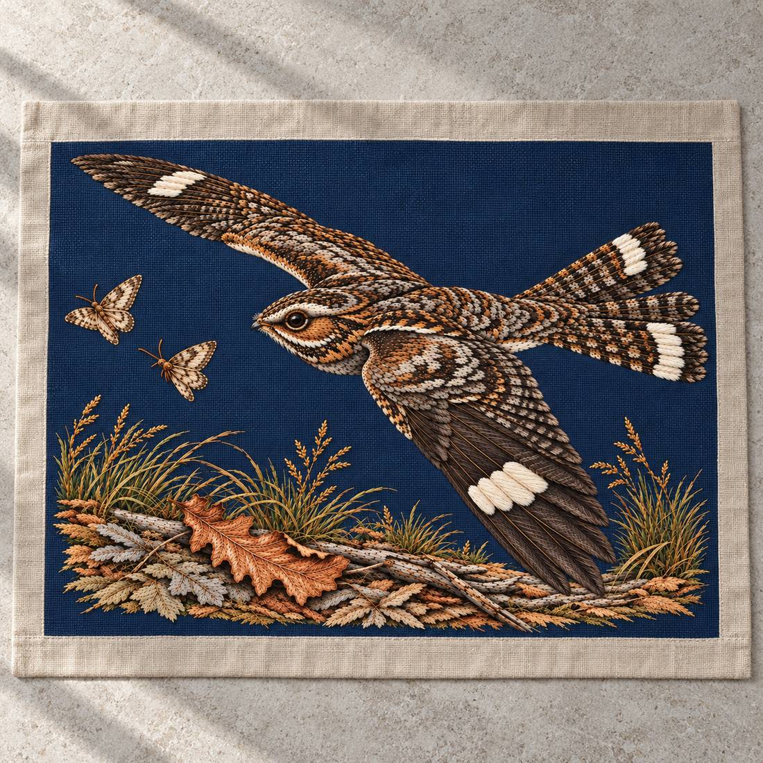 Nightjar Across the Moth Dust Clearing visual mockup shown as a textile panel on a stone platform, with the design on deep midnight-blue linen.