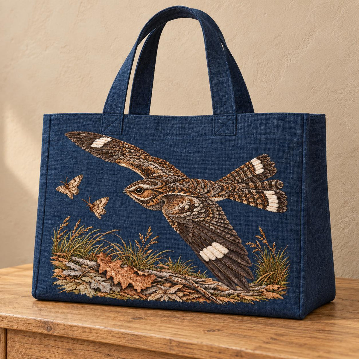 Nightjar Across the Moth Dust Clearing visual mockup shown on the front of a structured linen tote, with the design on deep midnight-blue linen.