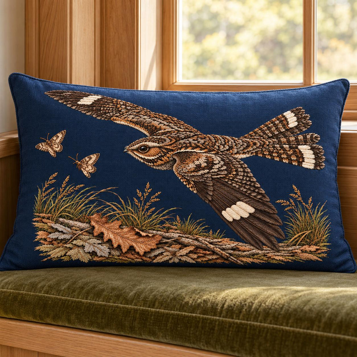 Nightjar Across the Moth Dust Clearing visual mockup shown on a cushion beside a window, with the design on deep midnight-blue linen.