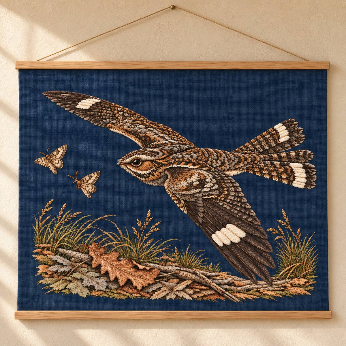 Nightjar Across the Moth Dust Clearing visual mockup shown as a hanging textile held by wooden rails, with the design on deep midnight-blue linen.