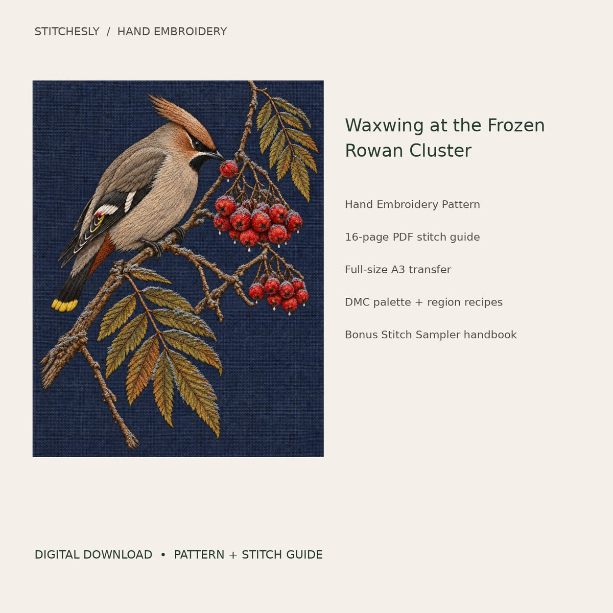 Waxwing at the Frozen Rowan Cluster: digital hand embroidery pattern cover with artwork and included files