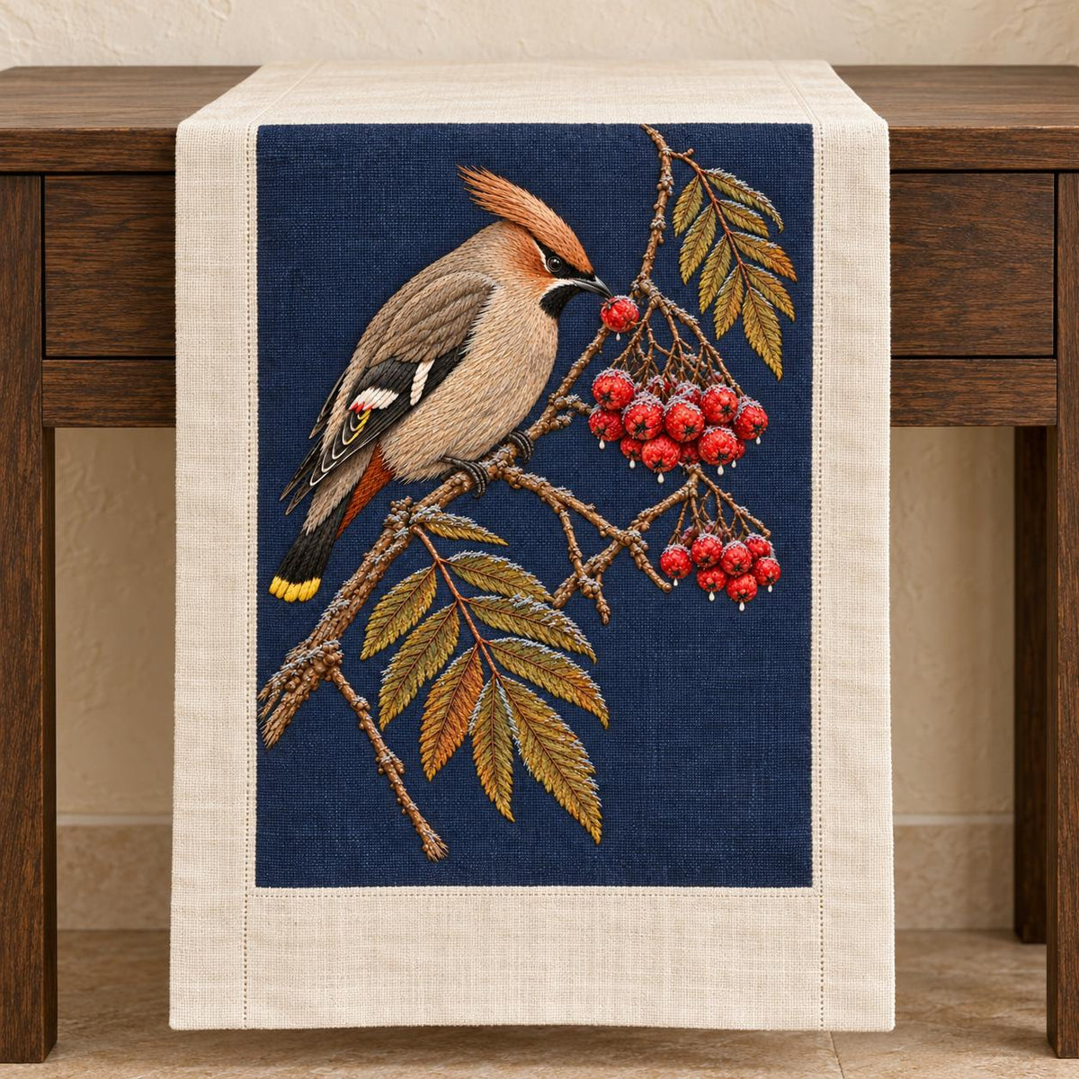 Waxwing at the Frozen Rowan Cluster visual mockup shown on a textile runner over a console, with the design on deep navy linen.