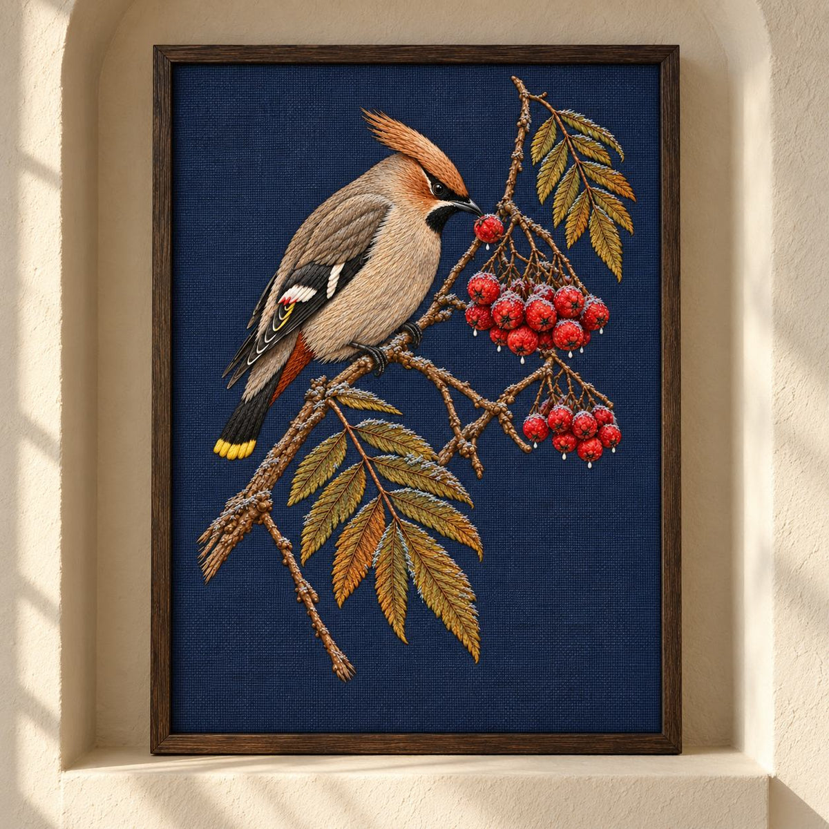 Waxwing at the Frozen Rowan Cluster visual mockup shown as a framed textile in a gallery niche, with the design on deep navy linen.