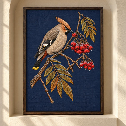 Waxwing at the Frozen Rowan Cluster visual mockup shown as a framed textile in a gallery niche, with the design on deep navy linen.