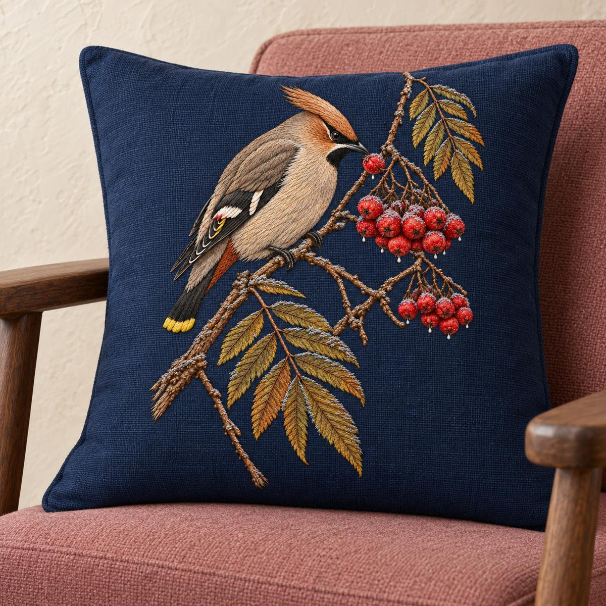 Waxwing at the Frozen Rowan Cluster visual mockup shown on a cushion in a lounge chair, with the design on deep navy linen.
