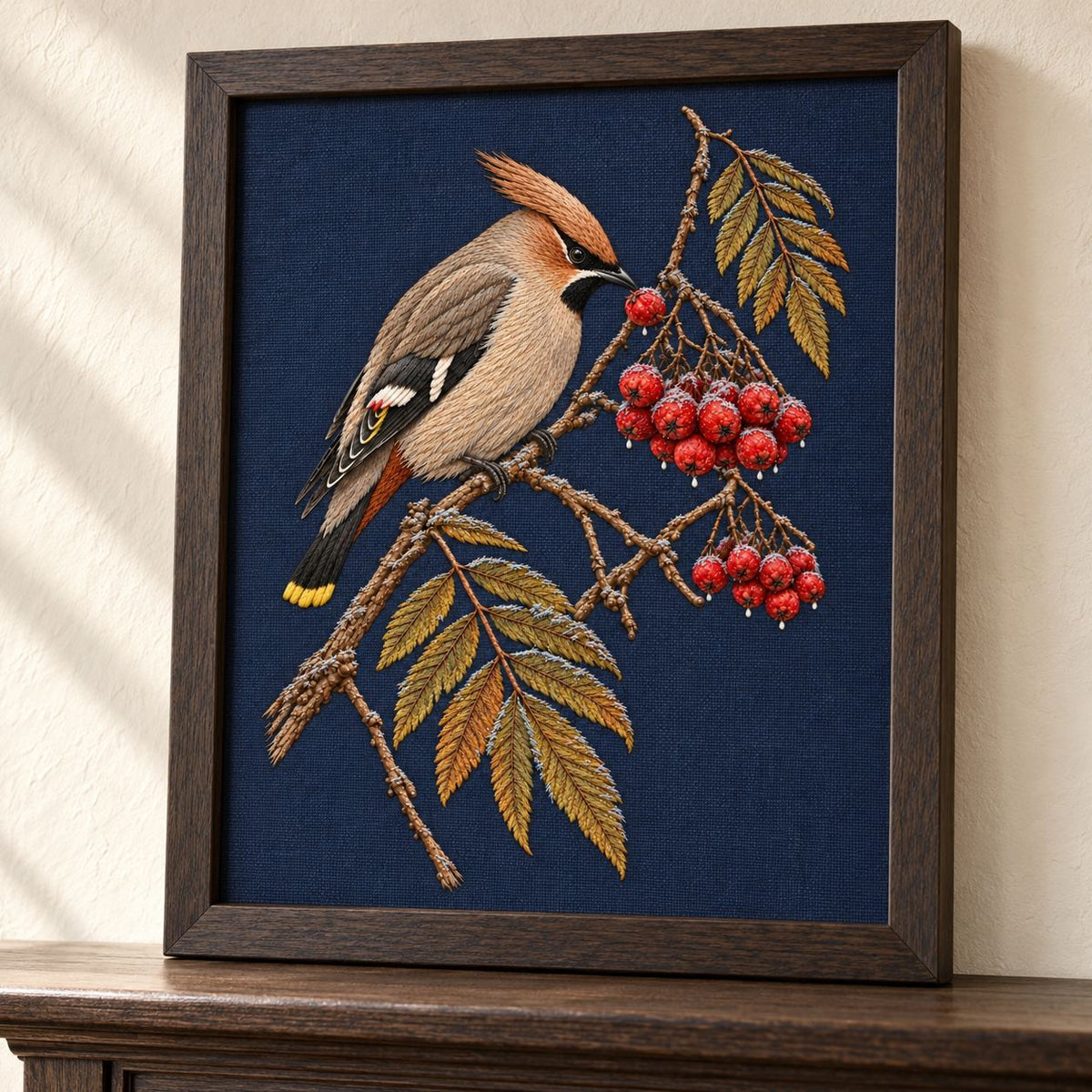 Waxwing at the Frozen Rowan Cluster visual mockup shown in a frame leaning on a mantel, with the design on deep navy linen.
