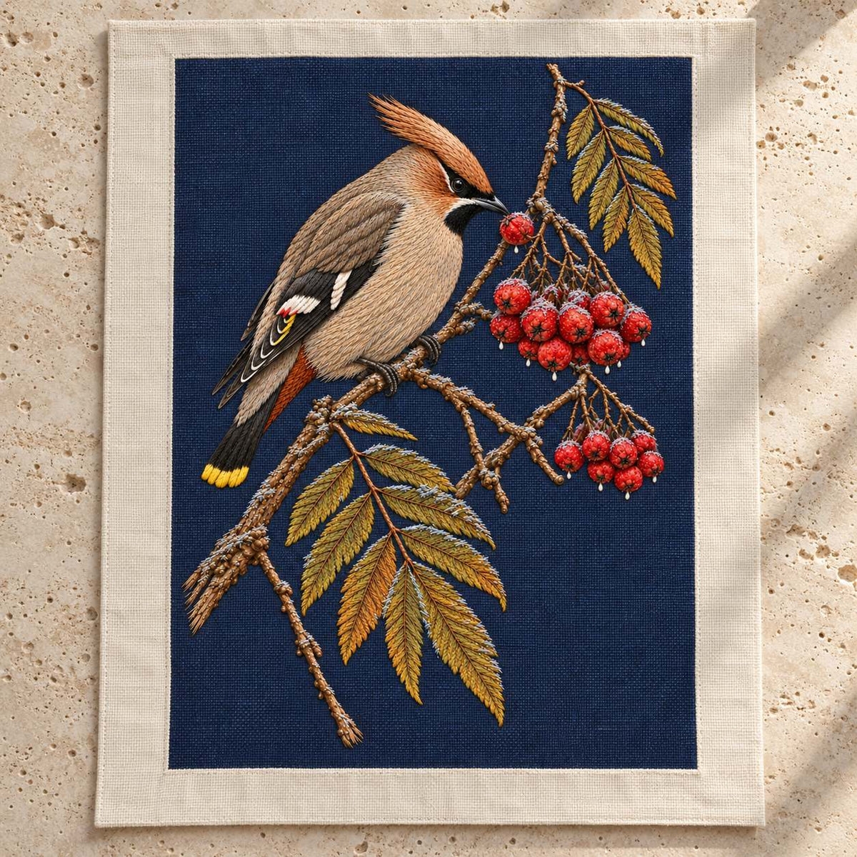 Waxwing at the Frozen Rowan Cluster visual mockup shown as a textile panel on a stone platform, with the design on deep navy linen.