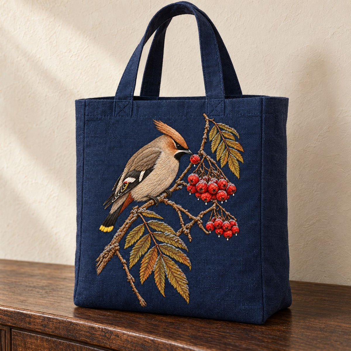 Waxwing at the Frozen Rowan Cluster visual mockup shown on the front of a structured linen tote, with the design on deep navy linen.