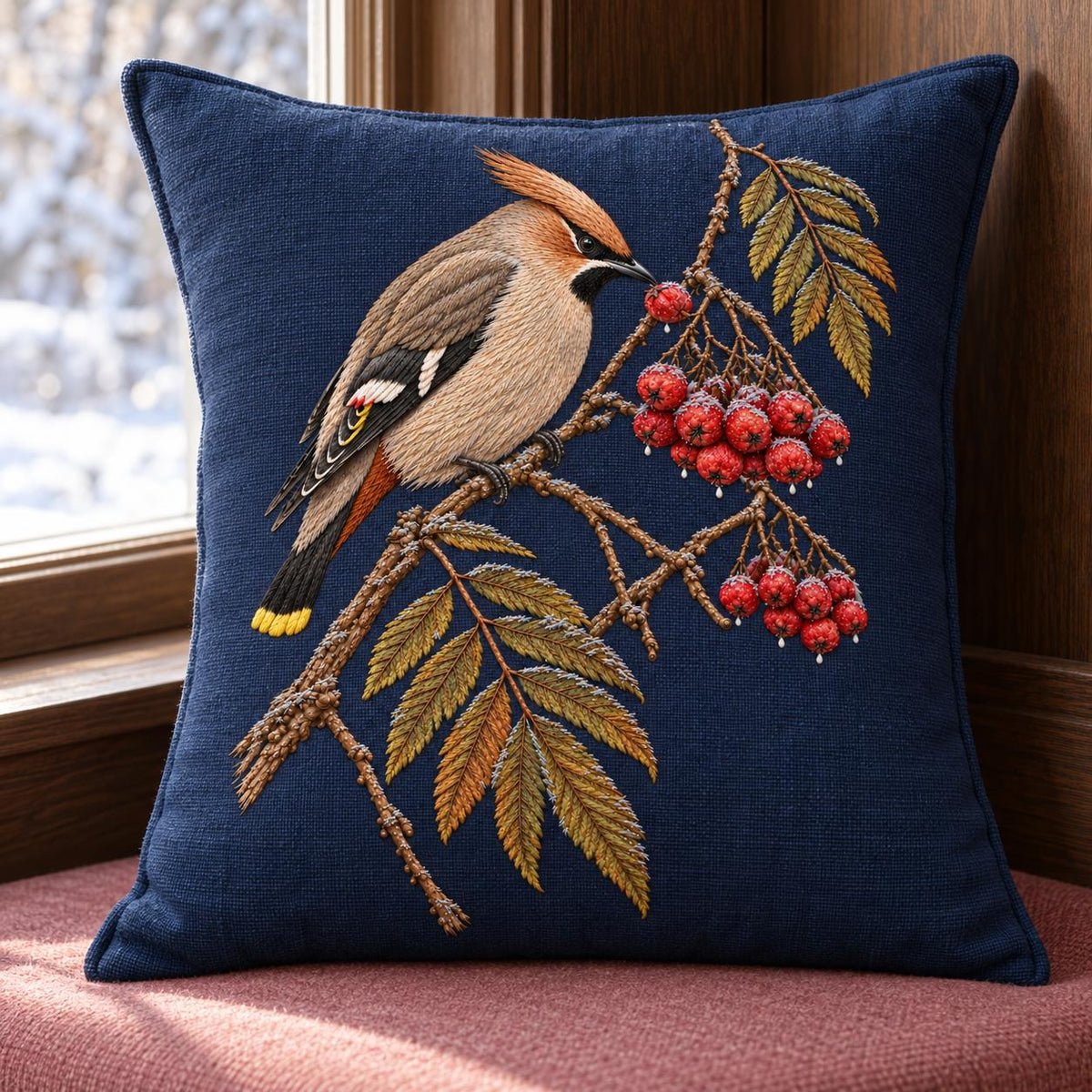 Waxwing at the Frozen Rowan Cluster visual mockup shown on a cushion beside a window, with the design on deep navy linen.
