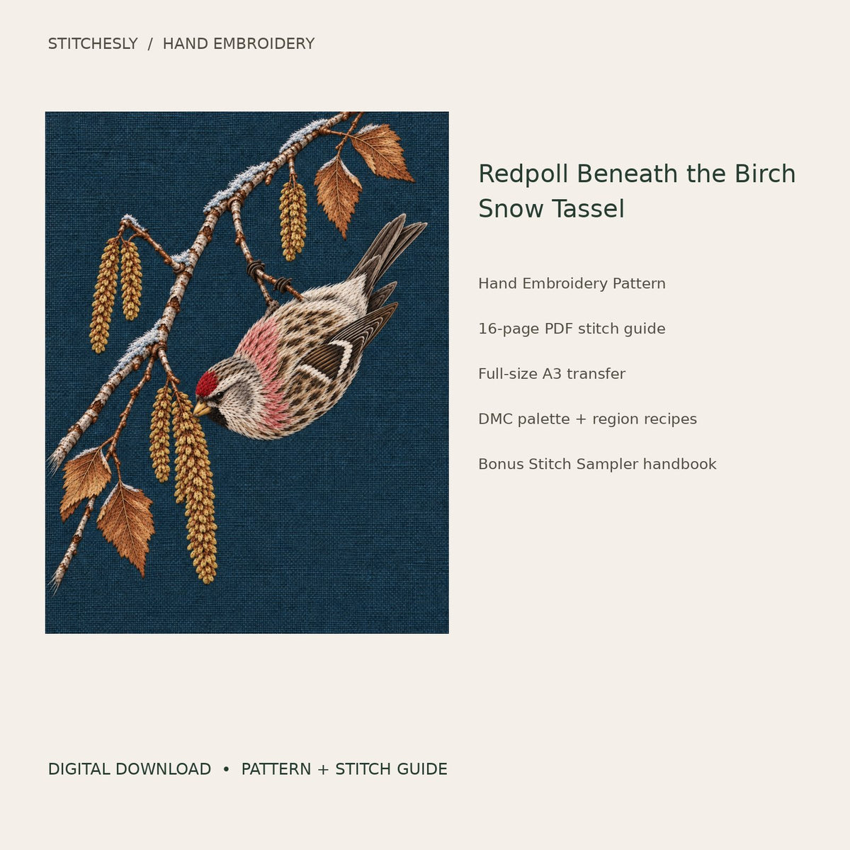 Redpoll Beneath the Birch Snow Tassel: digital hand embroidery pattern cover with artwork and included files