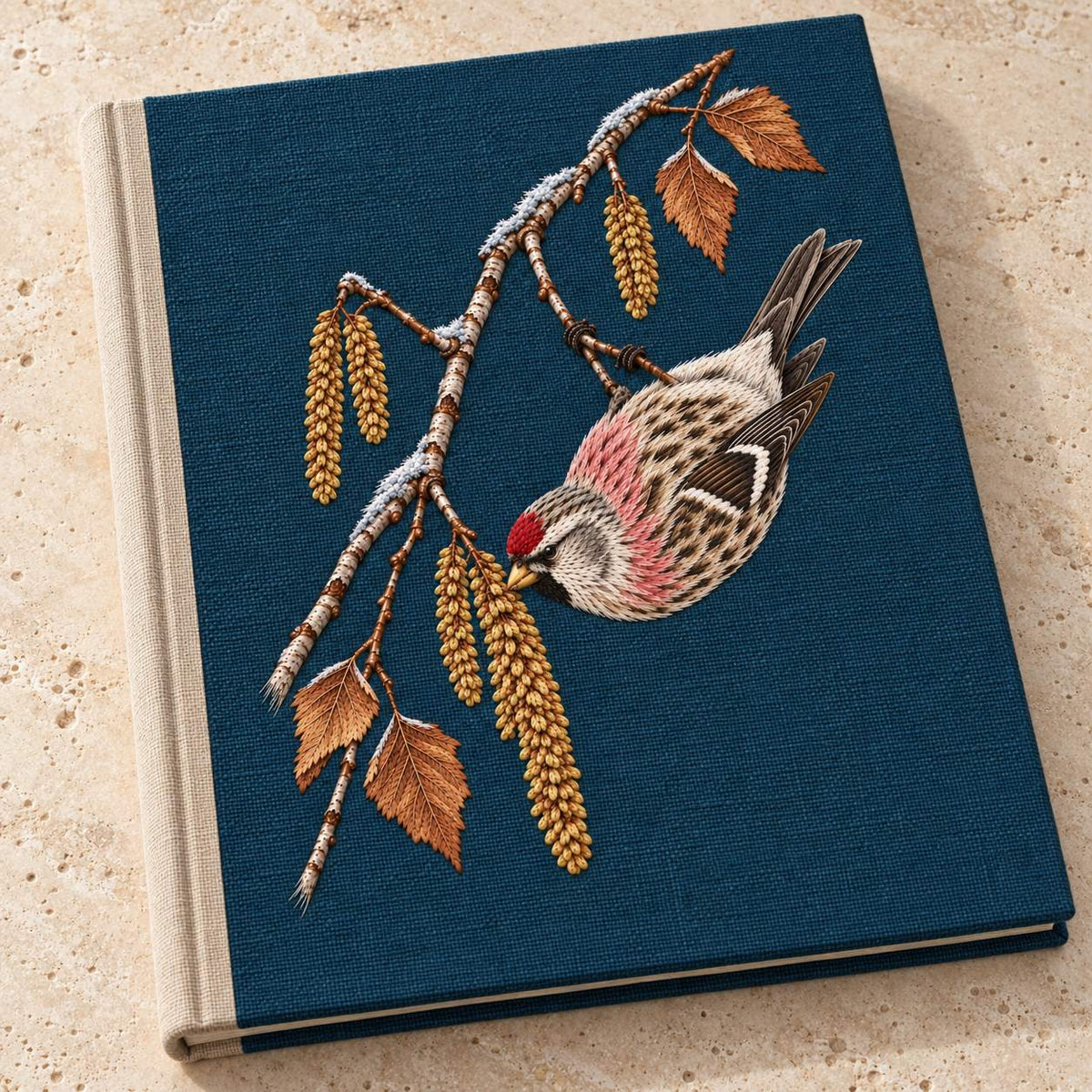 Redpoll Beneath the Birch Snow Tassel visual mockup shown on a cloth portfolio cover, with the design on dark teal-blue linen.