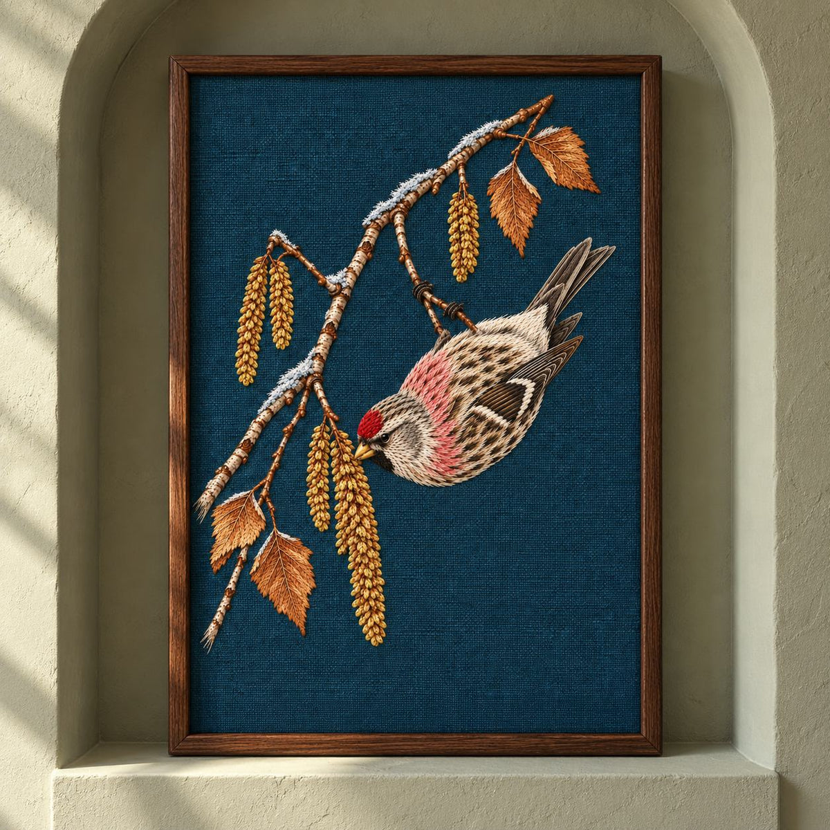 Redpoll Beneath the Birch Snow Tassel visual mockup shown as a framed textile in a gallery niche, with the design on dark teal-blue linen.