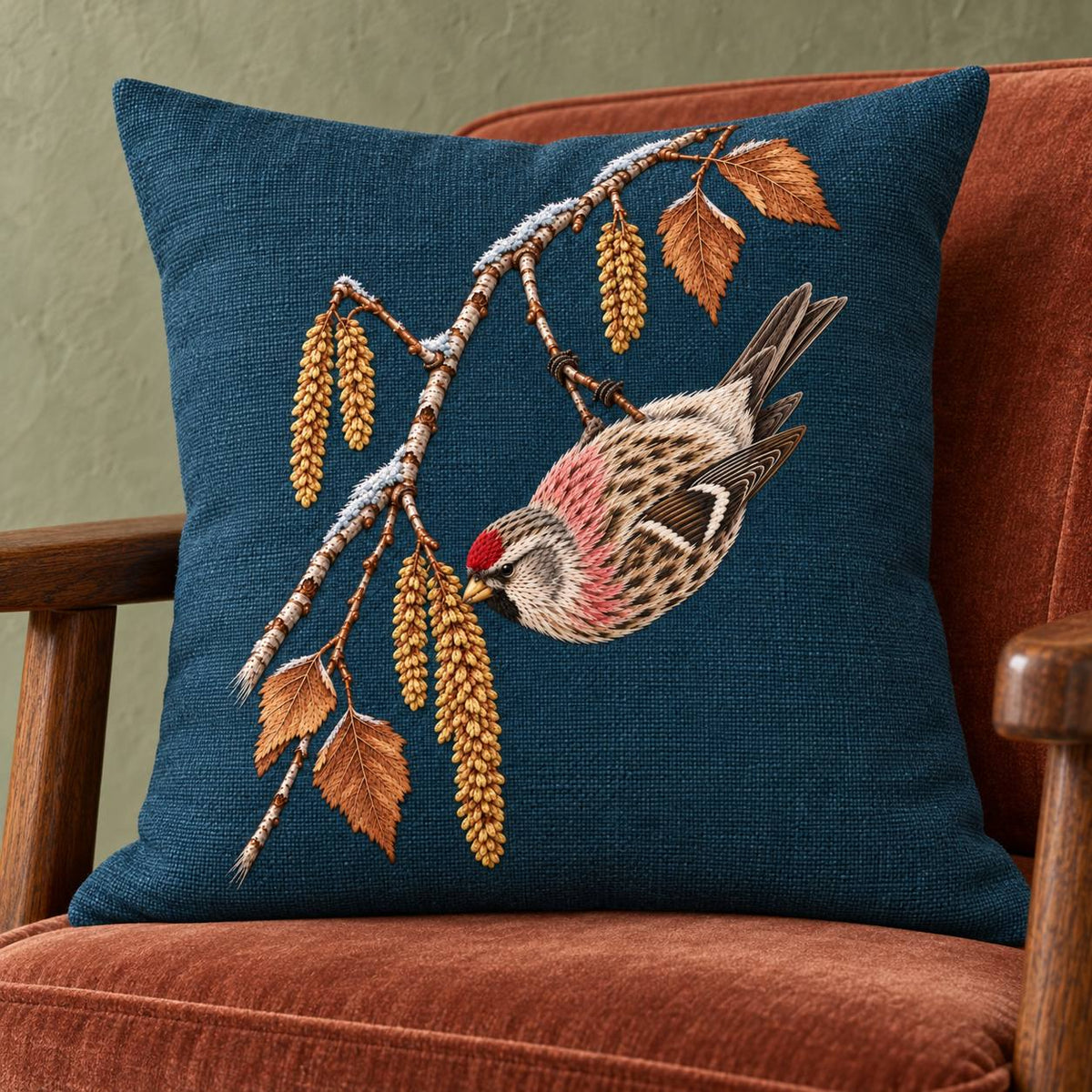 Redpoll Beneath the Birch Snow Tassel visual mockup shown on a cushion in a lounge chair, with the design on dark teal-blue linen.