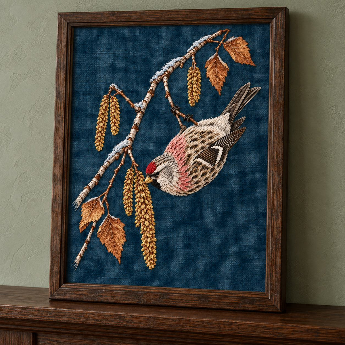 Redpoll Beneath the Birch Snow Tassel visual mockup shown in a frame leaning on a mantel, with the design on dark teal-blue linen.