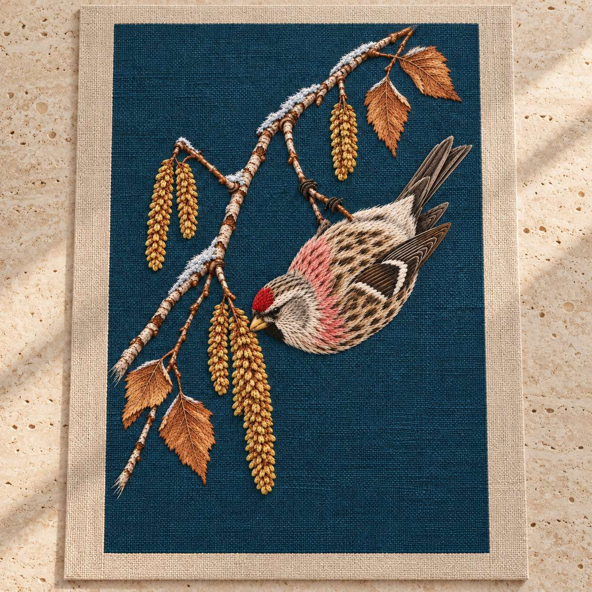 Redpoll Beneath the Birch Snow Tassel visual mockup shown as a textile panel on a stone platform, with the design on dark teal-blue linen.