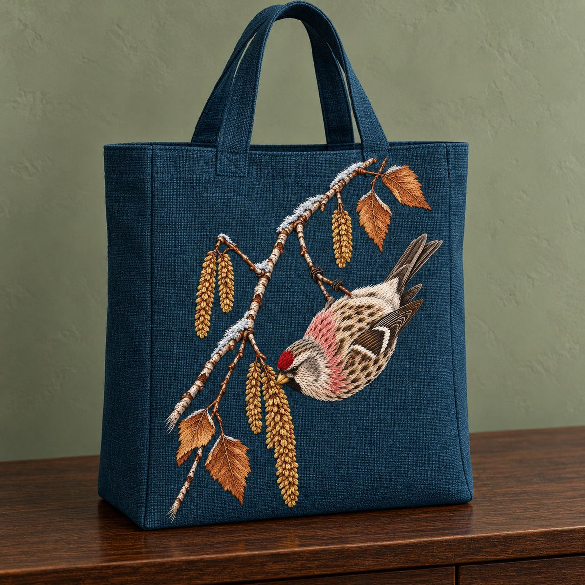 Redpoll Beneath the Birch Snow Tassel visual mockup shown on the front of a structured linen tote, with the design on dark teal-blue linen.