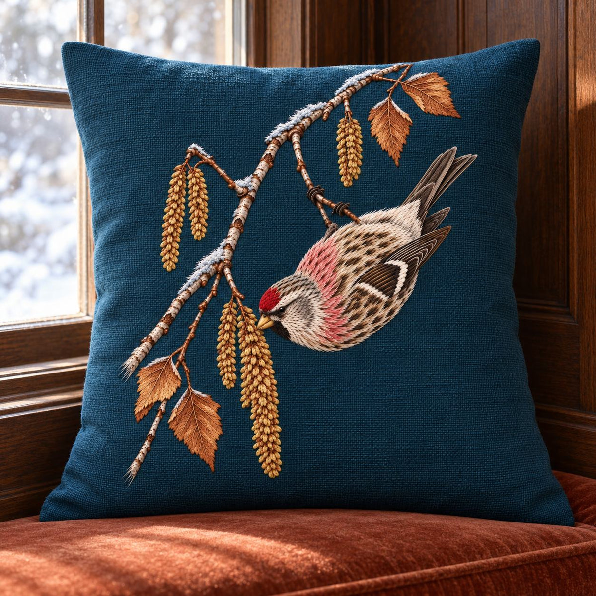 Redpoll Beneath the Birch Snow Tassel visual mockup shown on a cushion beside a window, with the design on dark teal-blue linen.