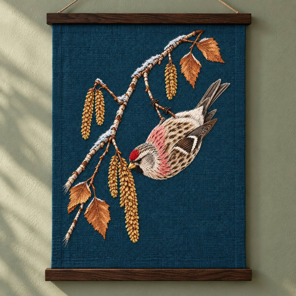 Redpoll Beneath the Birch Snow Tassel visual mockup shown as a hanging textile held by wooden rails, with the design on dark teal-blue linen.