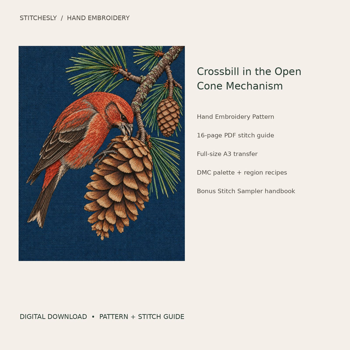 Crossbill in the Open Cone Mechanism: digital hand embroidery pattern cover with artwork and included files