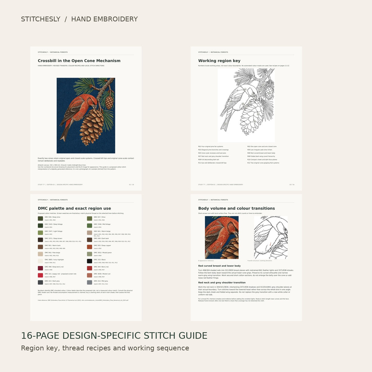Crossbill in the Open Cone Mechanism: preview of the 16-page stitch guide, region key, DMC palette and stitching instructions