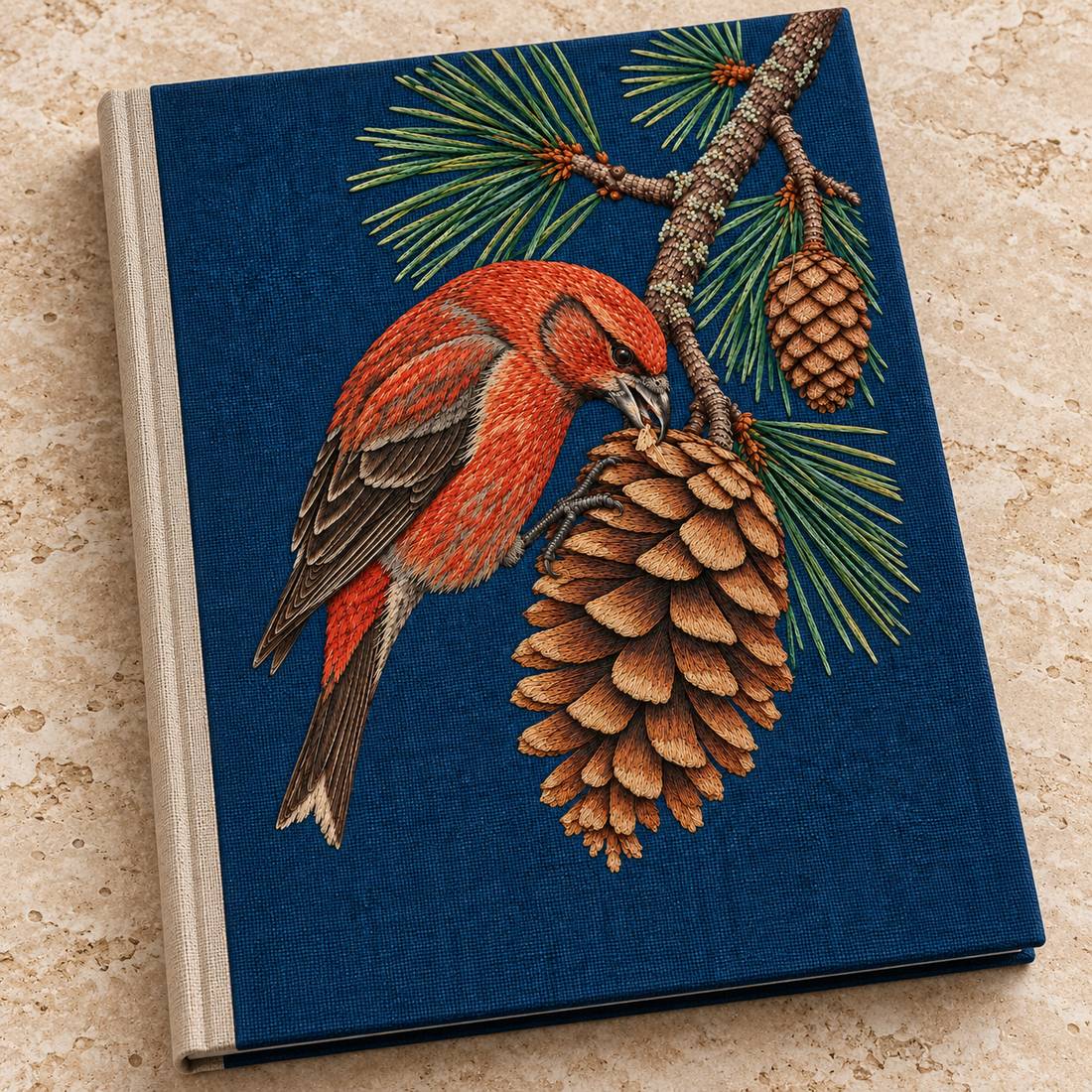 Crossbill in the Open Cone Mechanism visual mockup shown on a cloth portfolio cover, with the design on midnight-blue linen.
