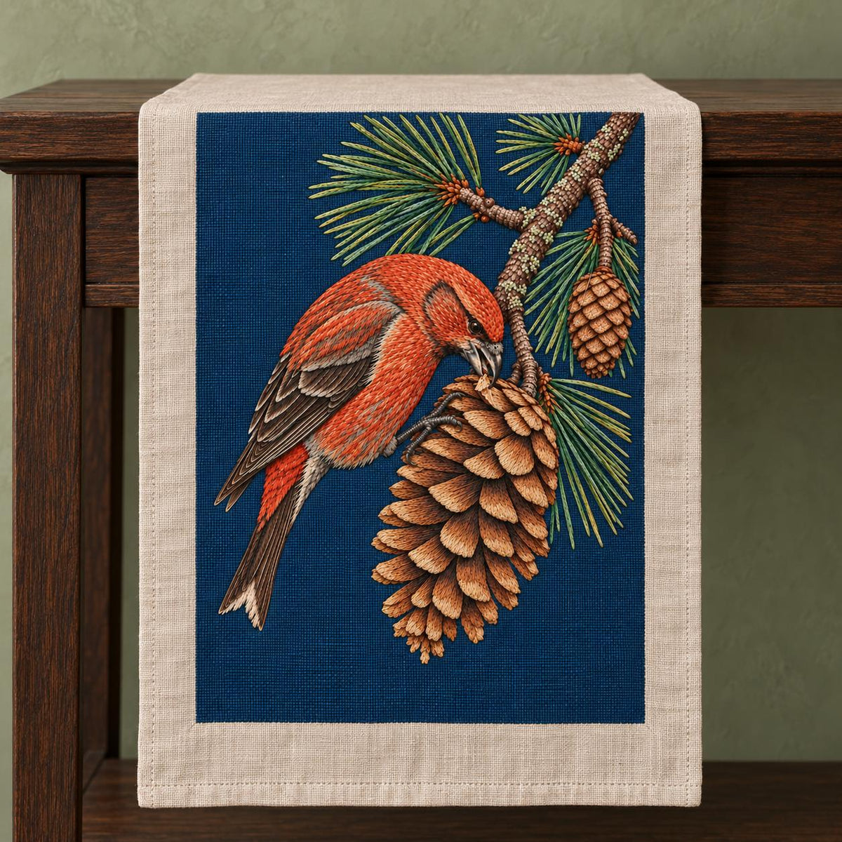 Crossbill in the Open Cone Mechanism visual mockup shown on a textile runner over a console, with the design on midnight-blue linen.