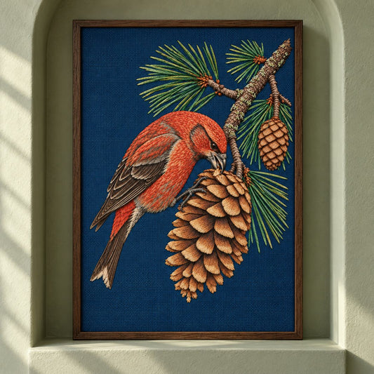 Crossbill in the Open Cone Mechanism visual mockup shown as a framed textile in a gallery niche, with the design on midnight-blue linen.