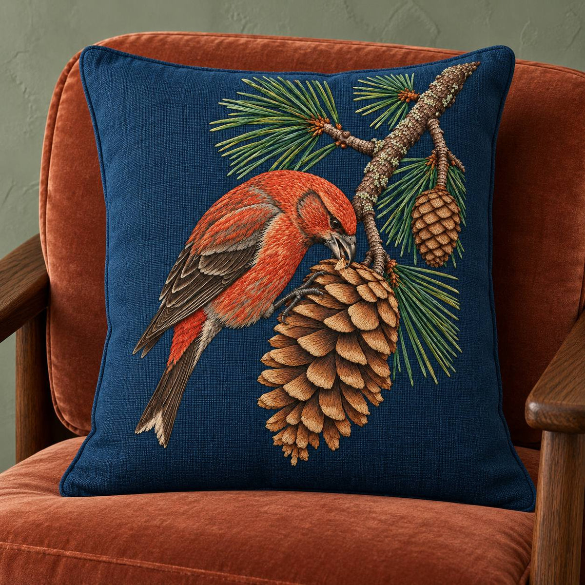 Crossbill in the Open Cone Mechanism visual mockup shown on a cushion in a lounge chair, with the design on midnight-blue linen.