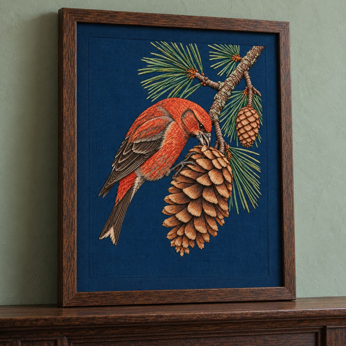 Crossbill in the Open Cone Mechanism visual mockup shown in a frame leaning on a mantel, with the design on midnight-blue linen.