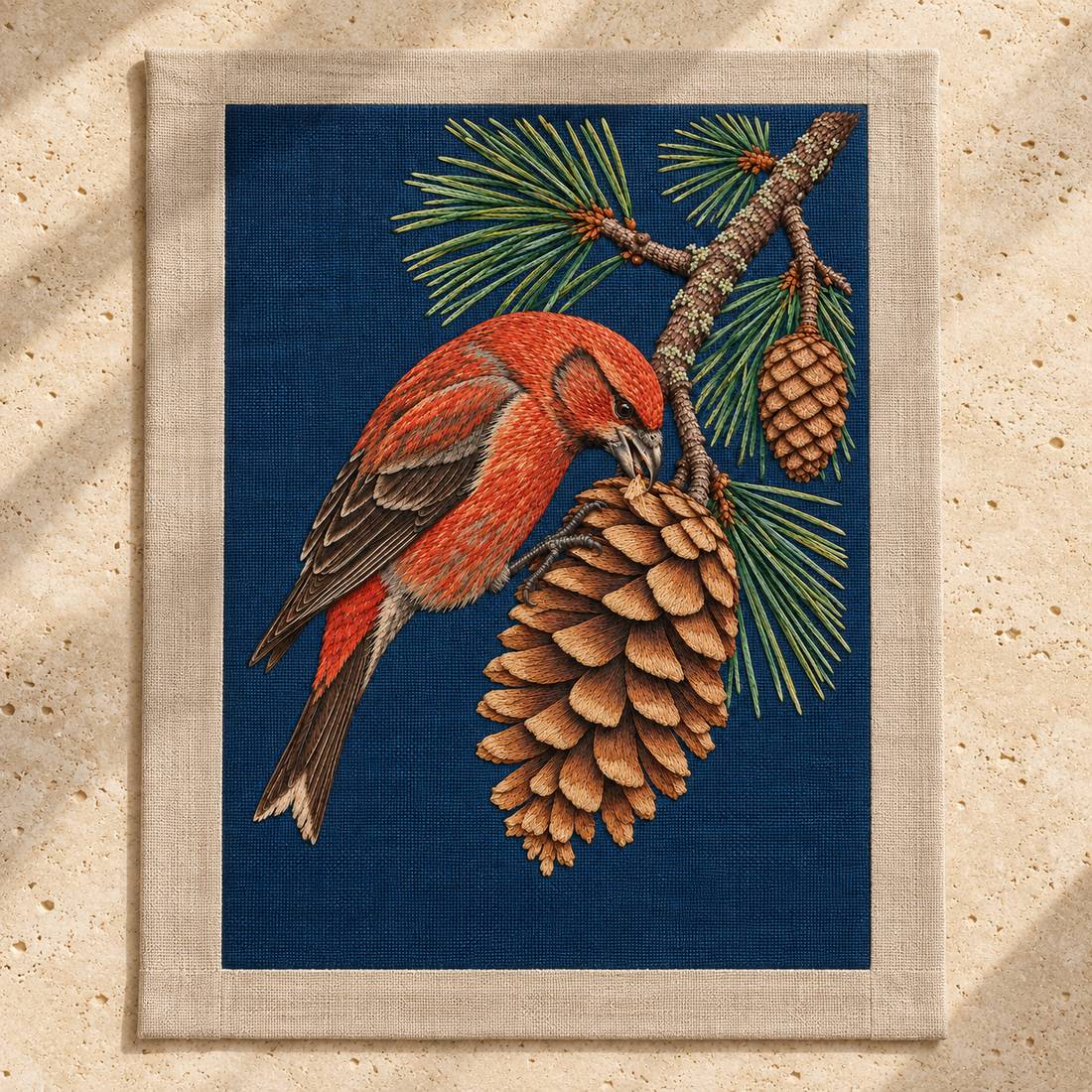 Crossbill in the Open Cone Mechanism visual mockup shown as a textile panel on a stone platform, with the design on midnight-blue linen.