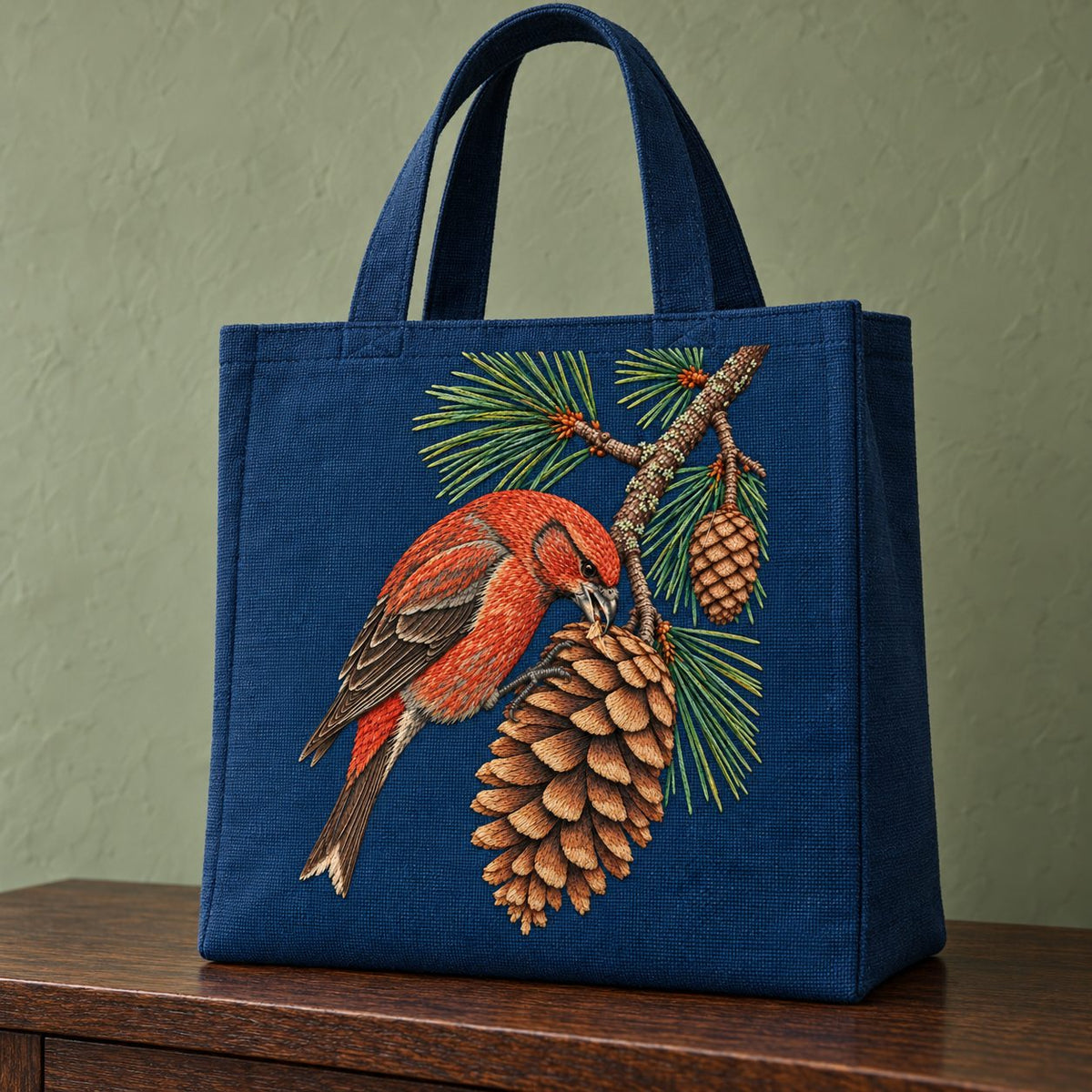 Crossbill in the Open Cone Mechanism visual mockup shown on the front of a structured linen tote, with the design on midnight-blue linen.
