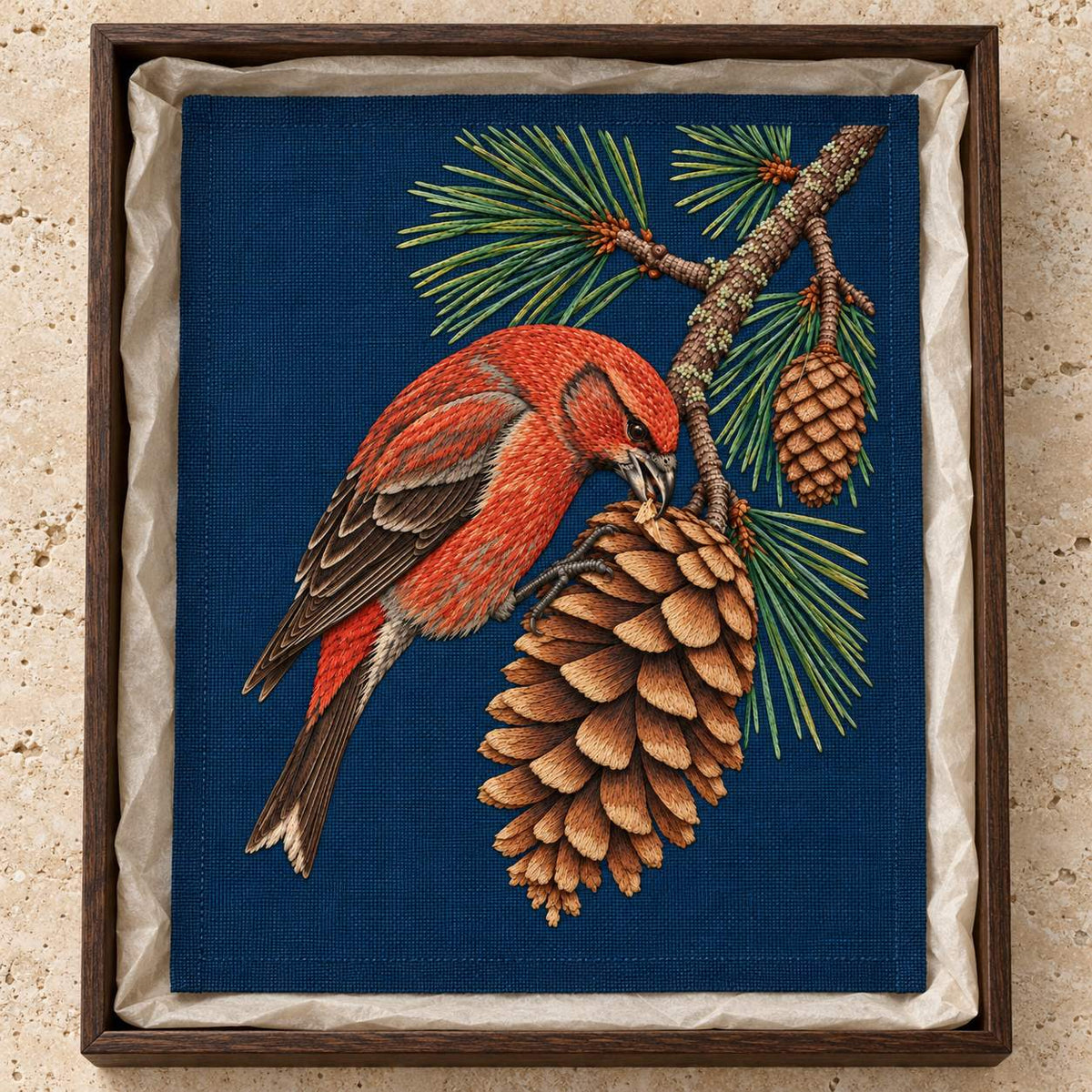 Crossbill in the Open Cone Mechanism visual mockup shown as a textile panel in a collection tray, with the design on midnight-blue linen.