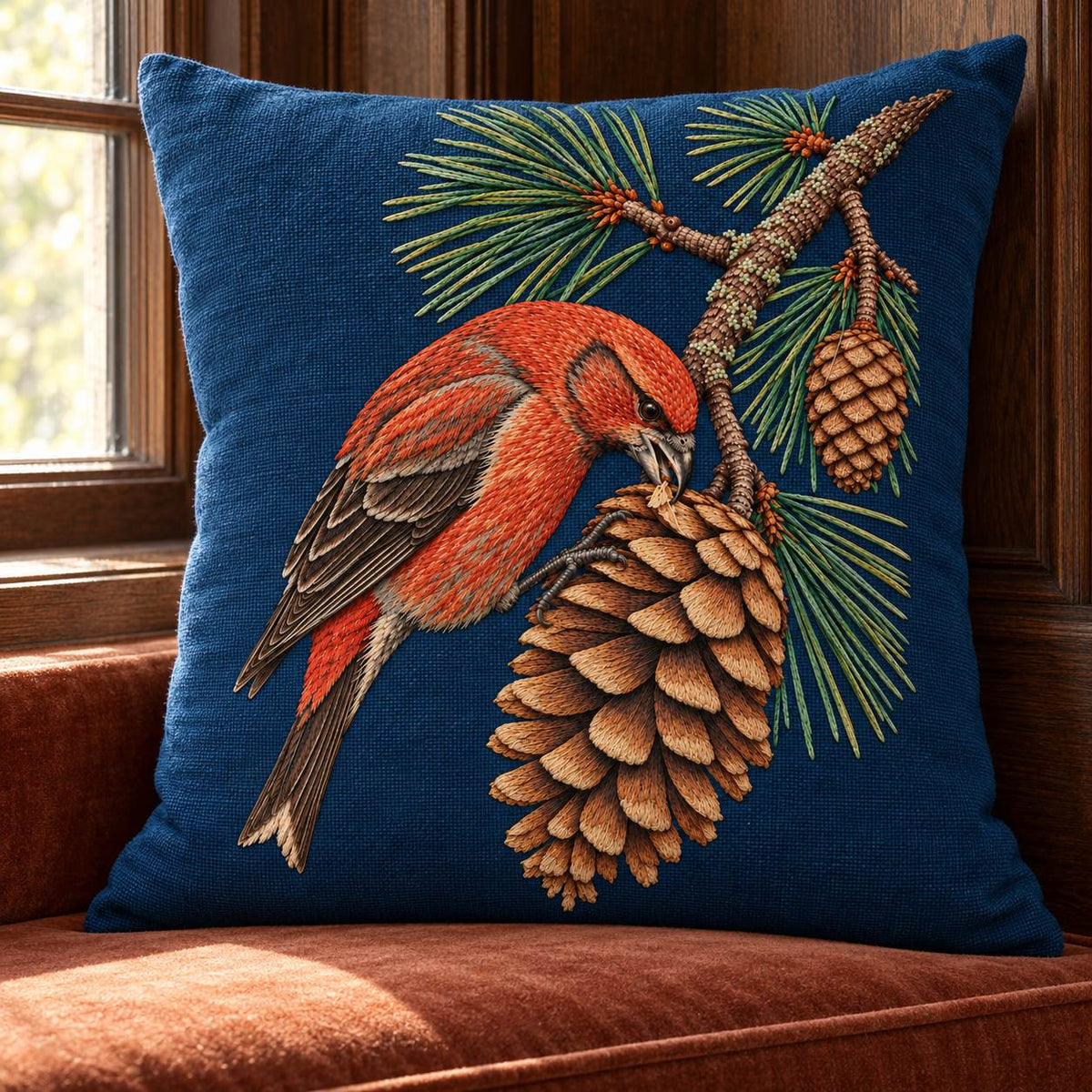 Crossbill in the Open Cone Mechanism visual mockup shown on a cushion beside a window, with the design on midnight-blue linen.